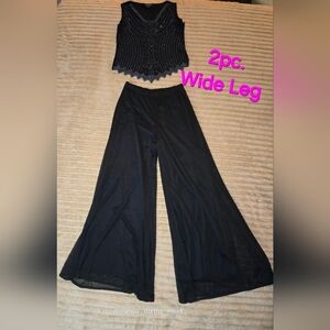 2pc Dressbarn Collection Petite M Black Beaded Wide Leg Set Sheer Overlay